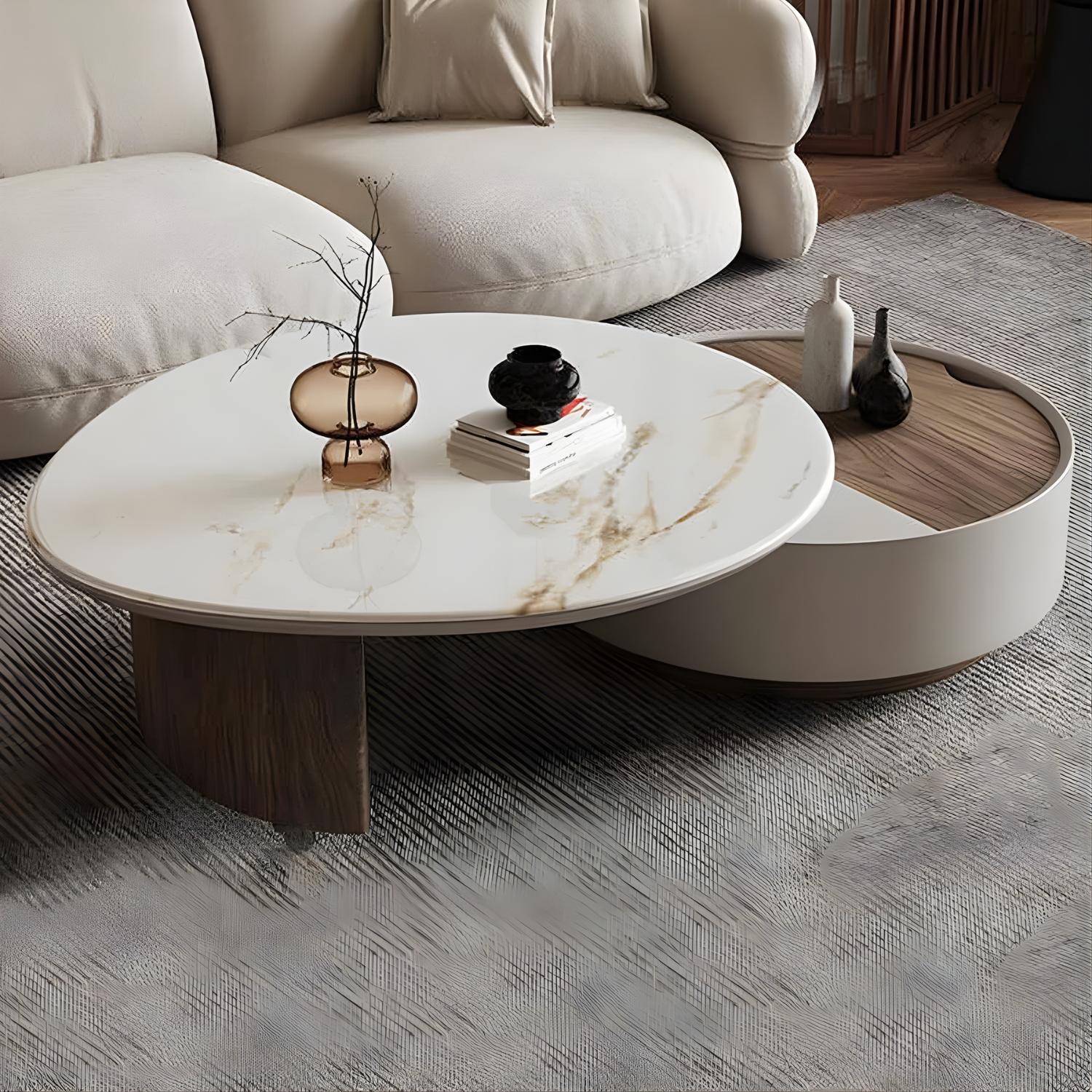 Milan Nesting Coffee Table | Rotatable Marble-Look & Walnut Finish