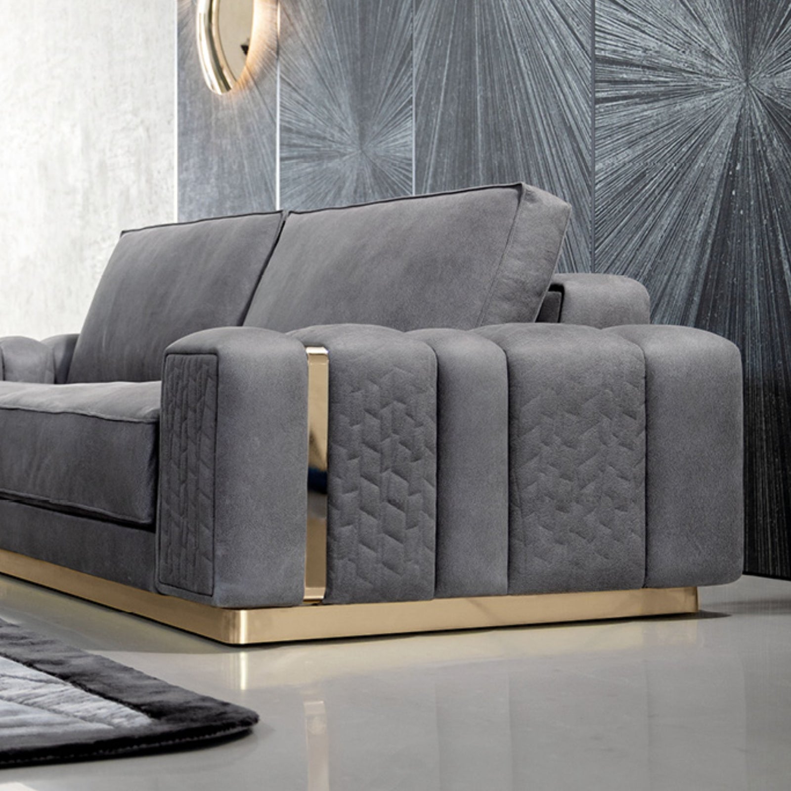 Viola 3 Piece Grey Sofa Set with Gold Trims