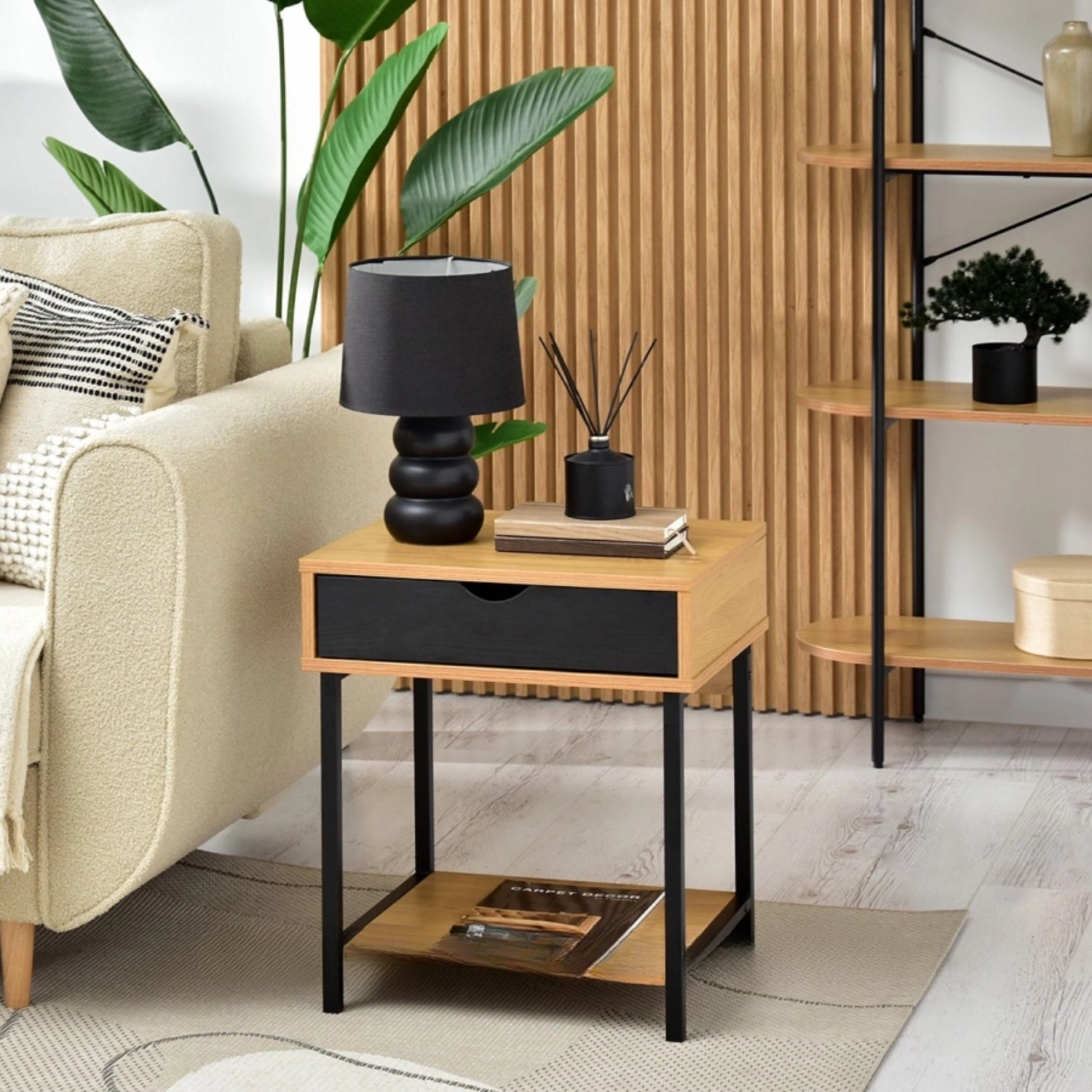 Nelle Oak and Black Bedside Table with USB Ports