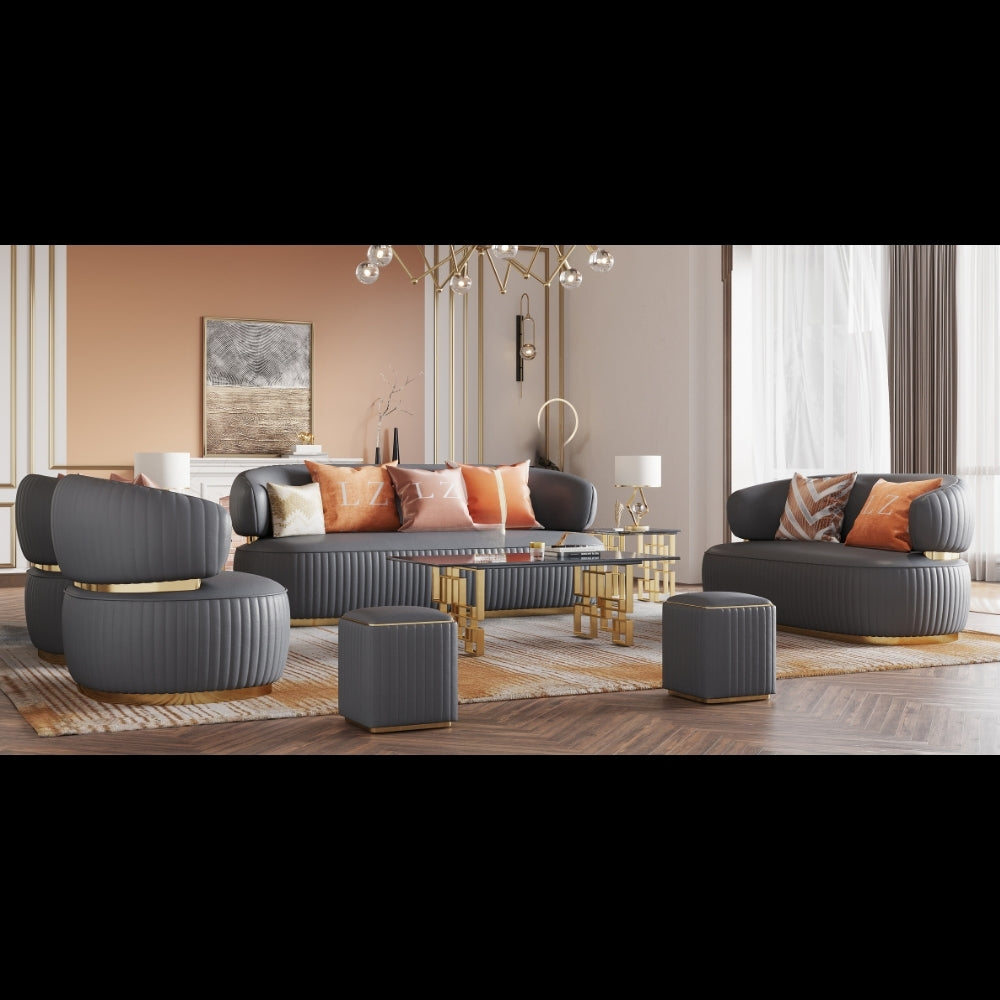 Fiora 6 Piece Sofa Set in Grey, Genuine Leather Uppers