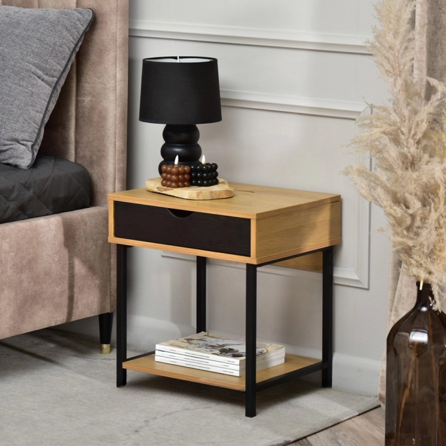 Nelle Oak and Black Bedside Table with USB Ports