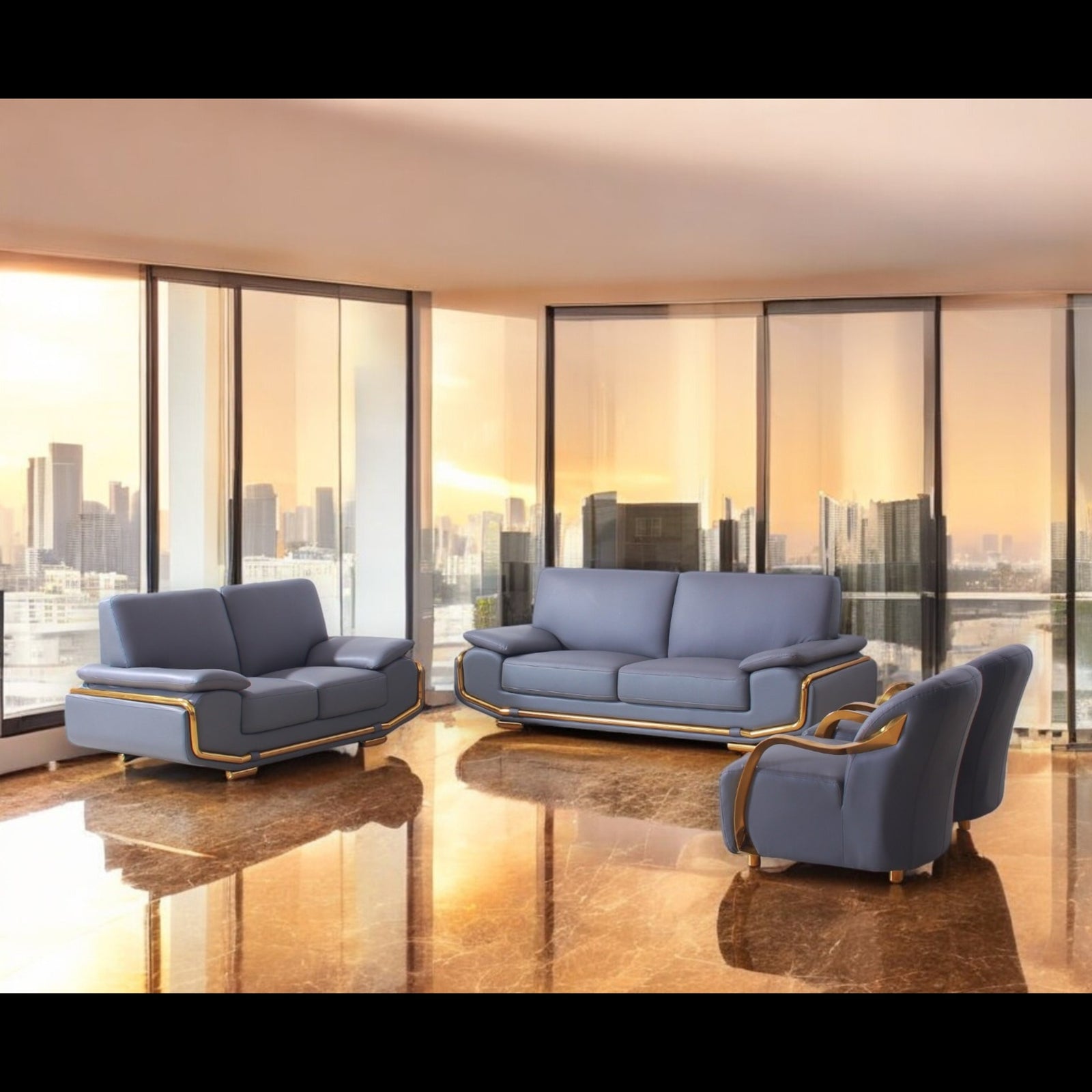 Hilton 4 Piece Sofa Set, Slate Grey with Gold