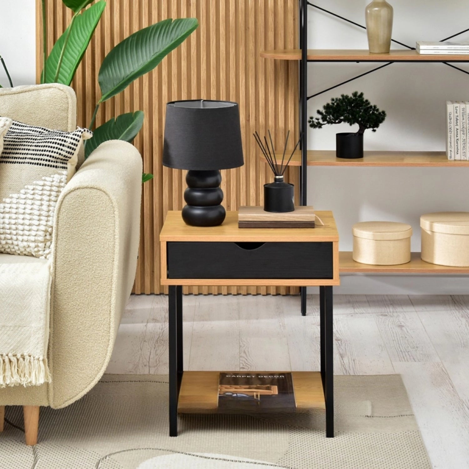 Nelle Oak and Black Bedside Table with USB Ports