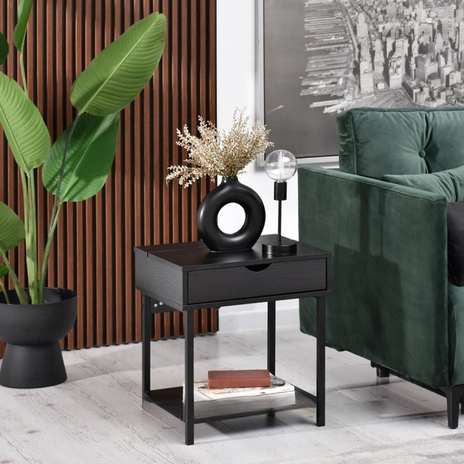 Nelle Black Bedside Table with USB Ports