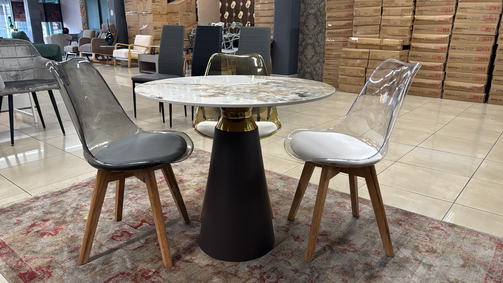 Tierra Round Dining Table – Marble Look Stone – Gold Base