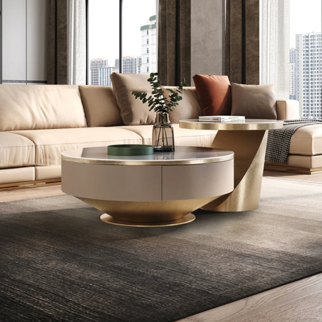 A modern living room with a gold coffee table from Aspen Gold Coffee & End Table Set.