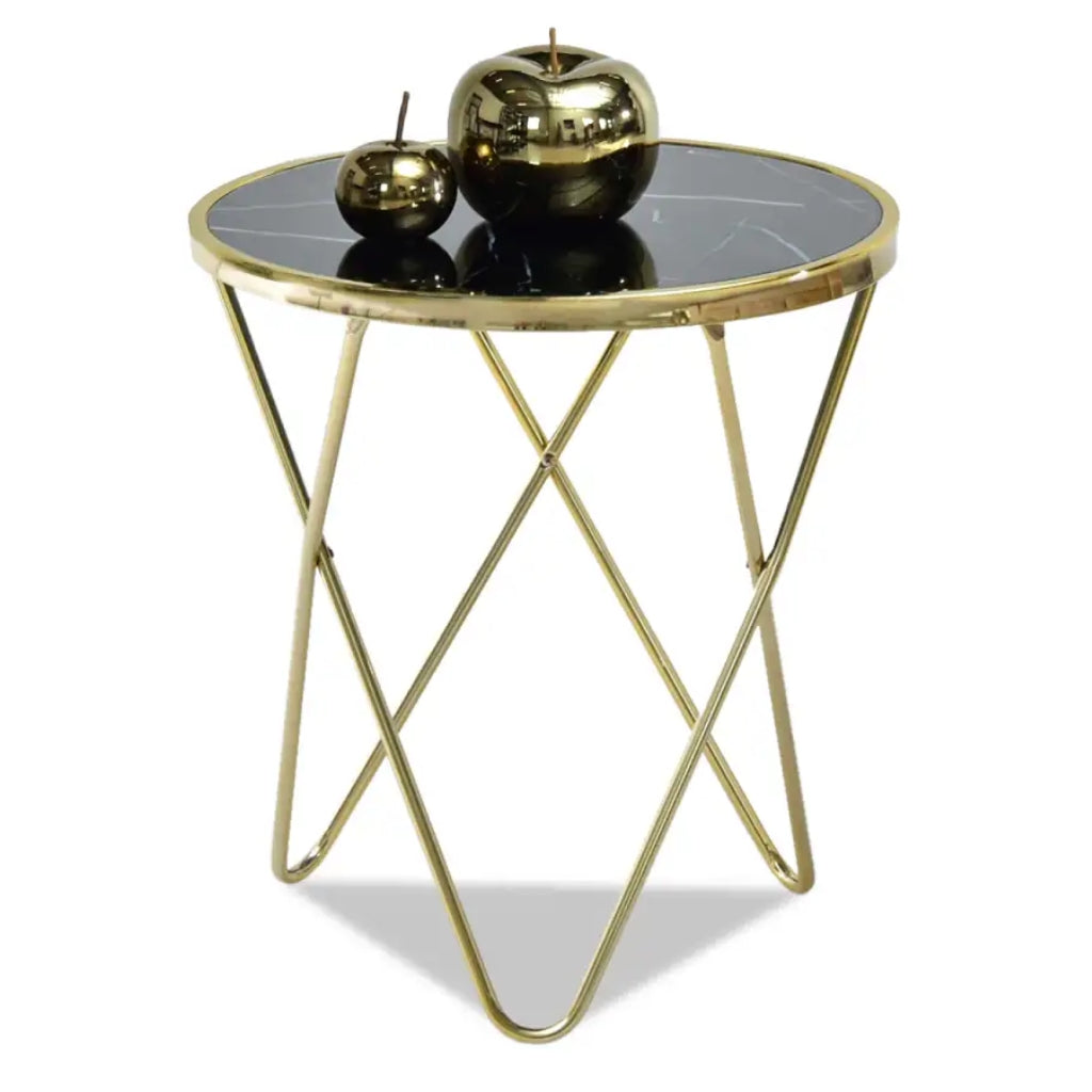 Aden Black top Gold End Table: A luxurious gold metal side table featuring a beautiful marble top.