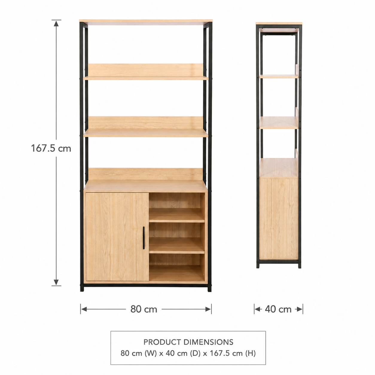 A shelving unit with a light wood finish and black metal frame, shown with dimension annotations indicating 167.5 cm height, 80 cm width, and 40 cm depth.