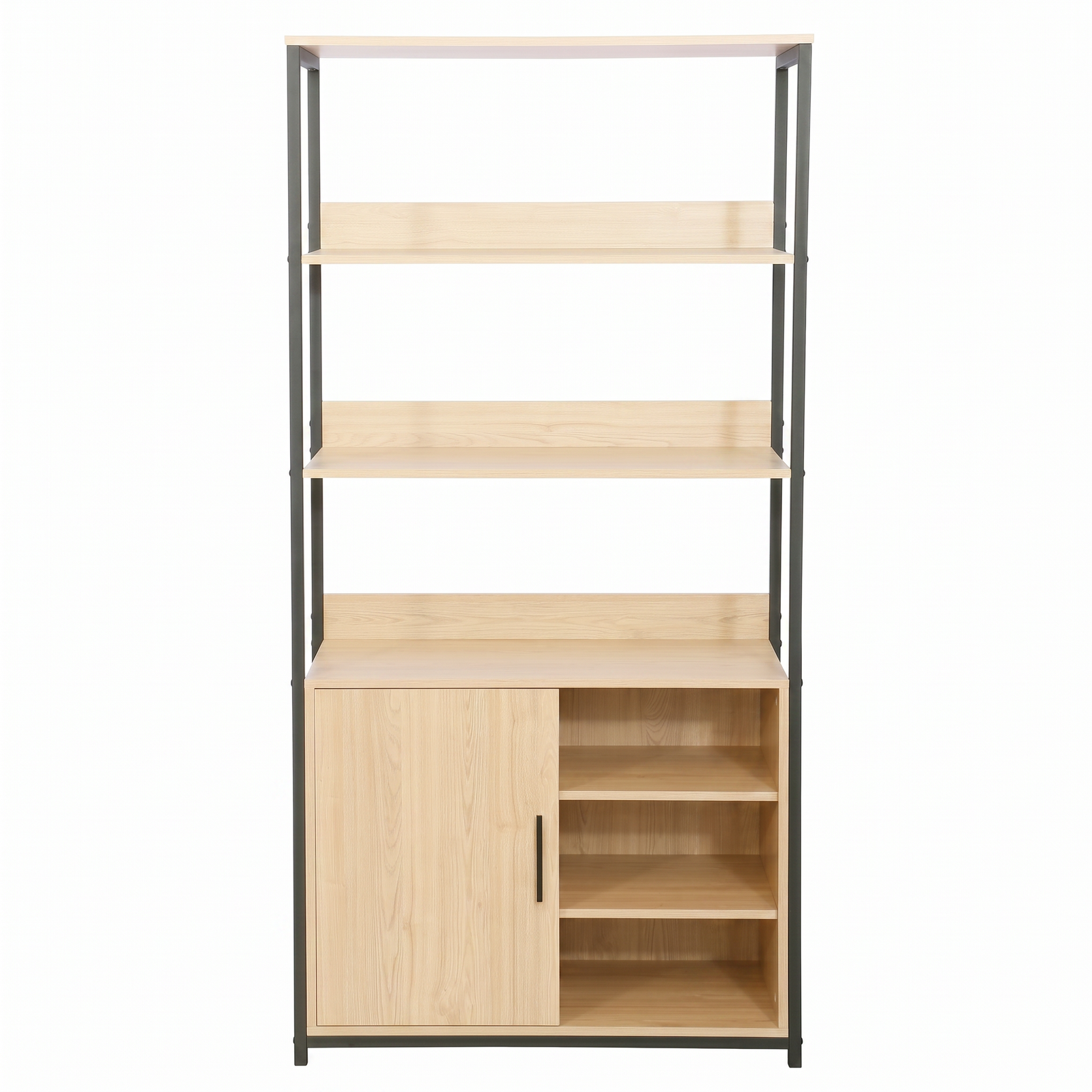 A tall, narrow wooden storage cabinet with open upper shelves and a lower door, shown against a plain white background.