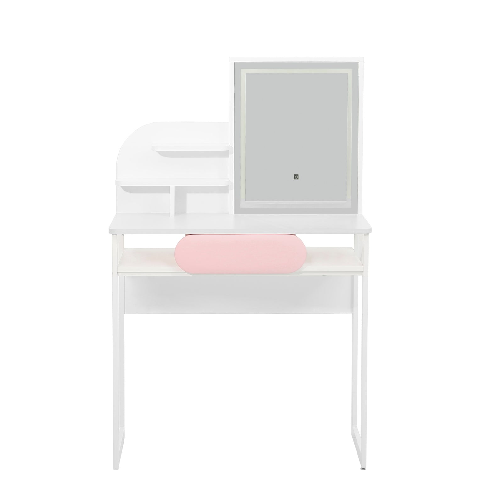 Bella white dressing table with LED mirror on white background.