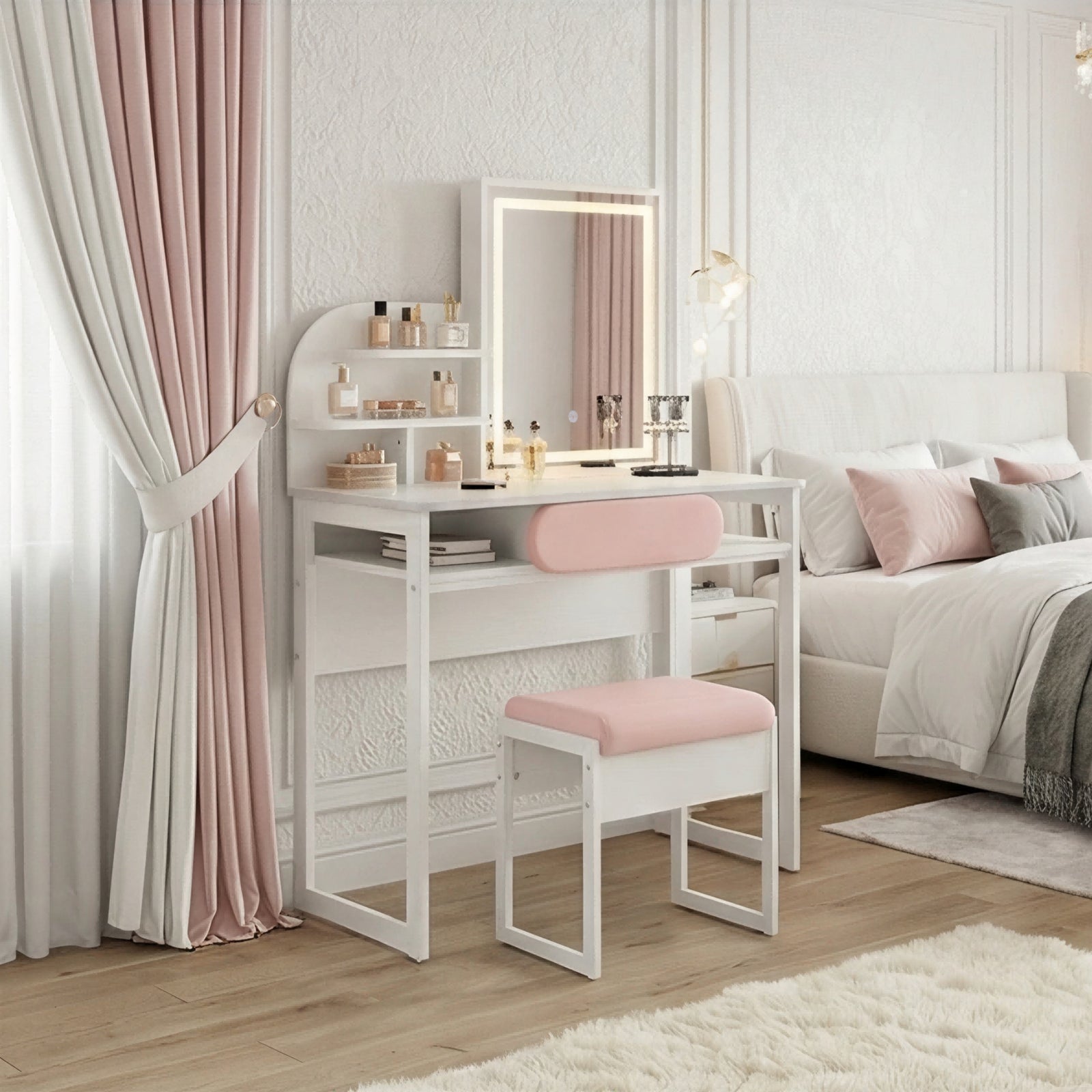 Modern white dressing table with illuminated mirror and pink stool in elegant beauty room.