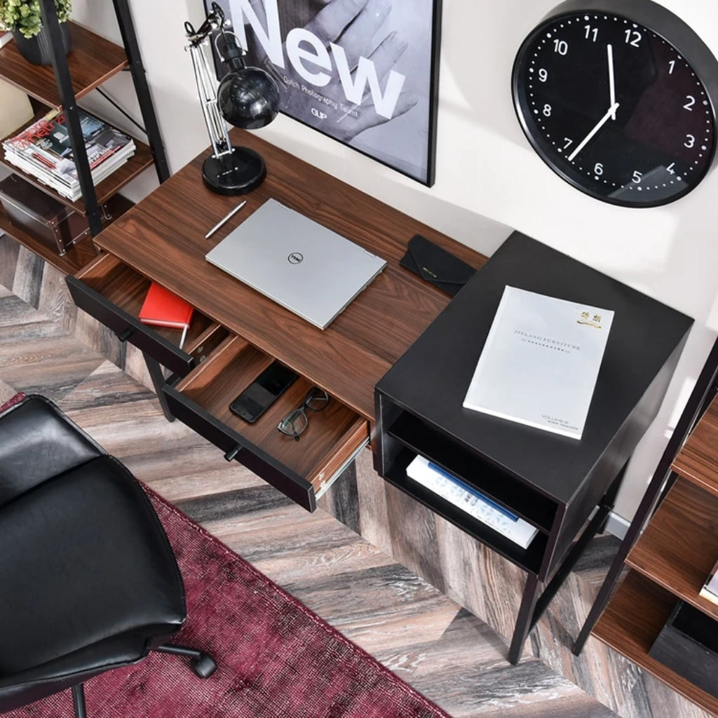 Black and brown Bloomsbury Writing Desk in a workspace with shelves table top view.
