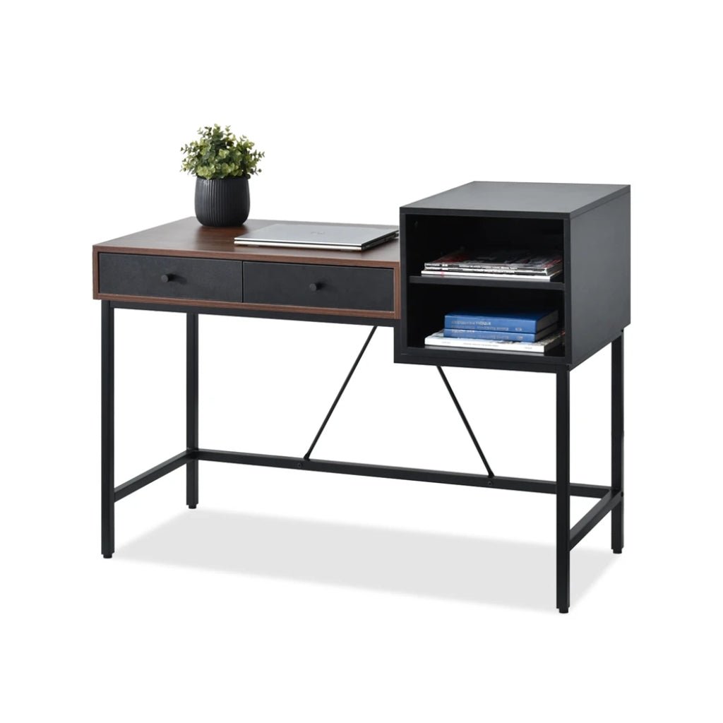 Bloomsbury Writing Desk with plant on black and brown desk.