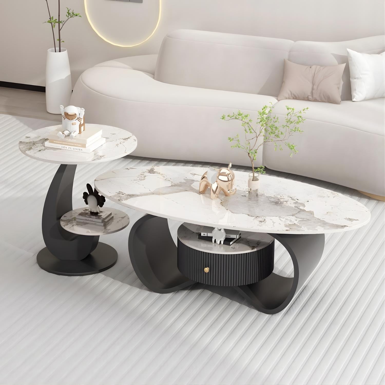 Fontein Bleu Coffee & Side Table Set – Marble Look Stone