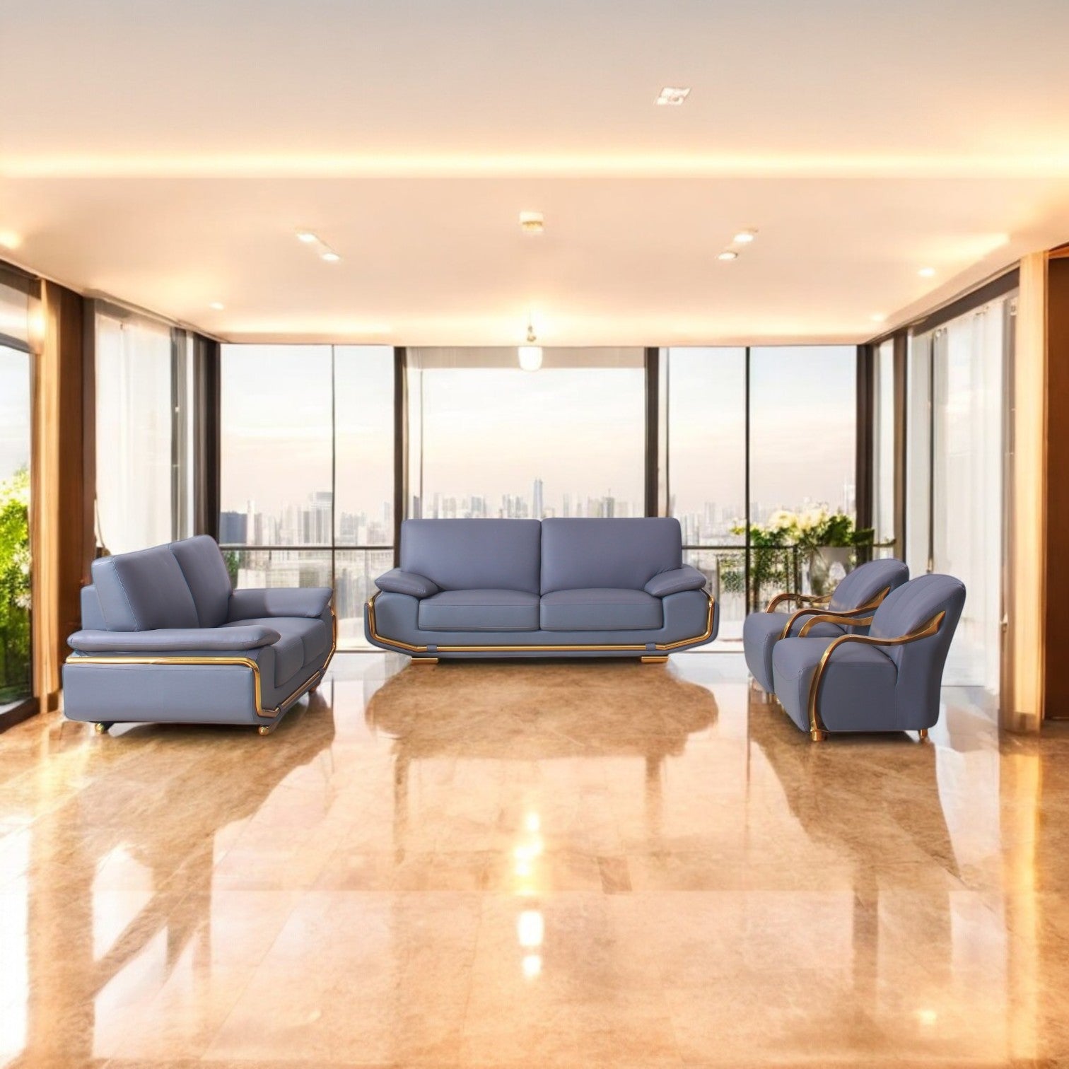 Hilton 4 Piece Sofa Set, Slate Grey with Gold