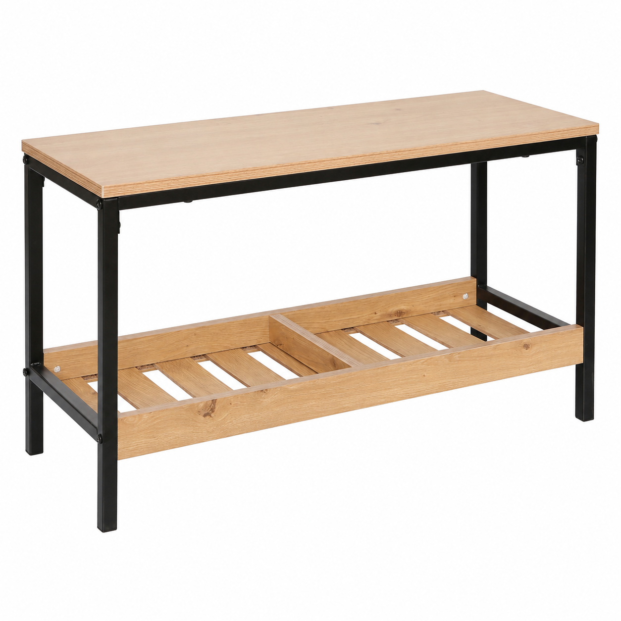 A wooden and metal utility bench with a light natural wood top and lower shelf, supported by a black metal frame, shown on a solid white background.
