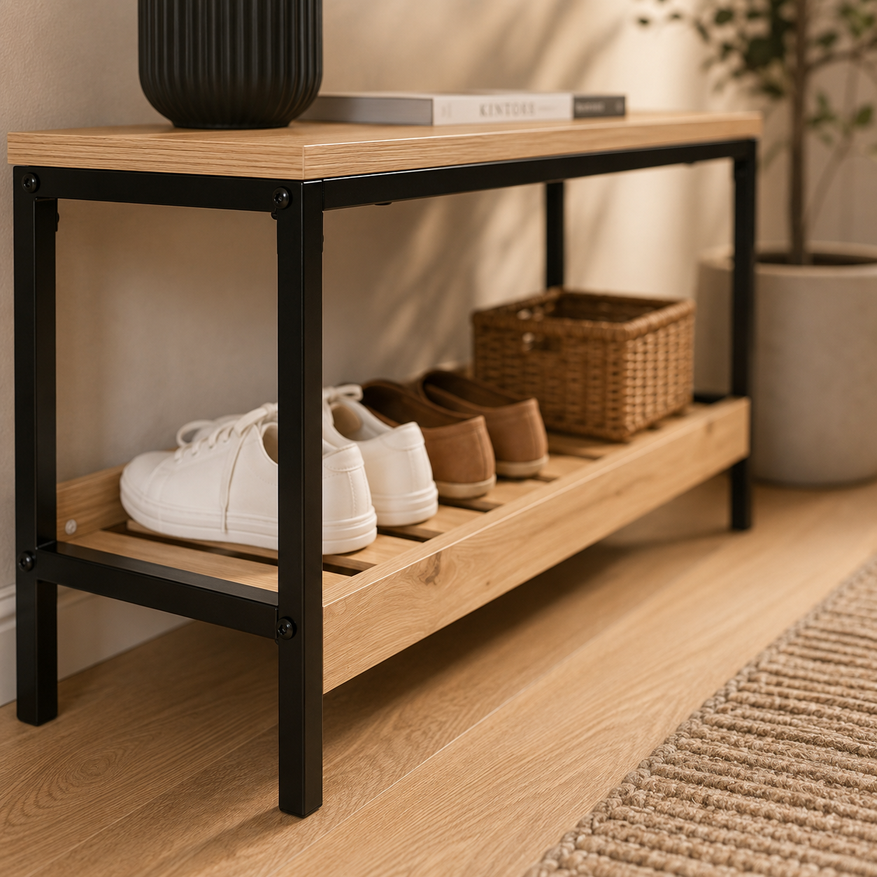 A two-tier wooden shoe bench with a black metal frame, styled in a home entryway with shoes, a basket, and decor on a light wood floor.