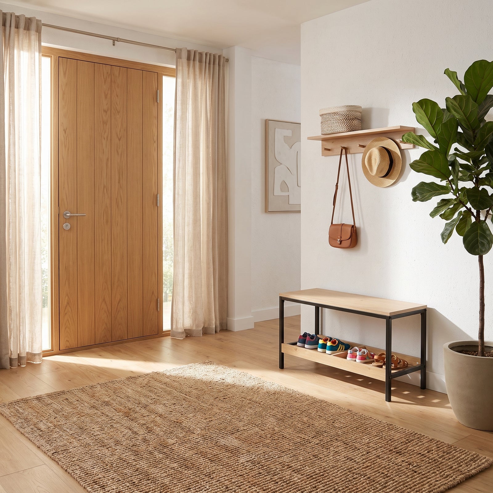 A bright modern entryway with a light wood door, beige curtains, a woven rug, a shoe bench with shoes, a wall-mounted shelf with a hat and bag, and a large potted plant.