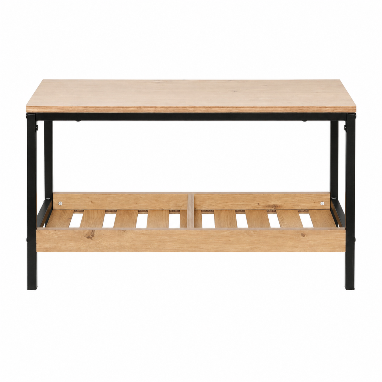 Hudson shoe rack bench in oak and black with industrial steel frame and lower storage shelf