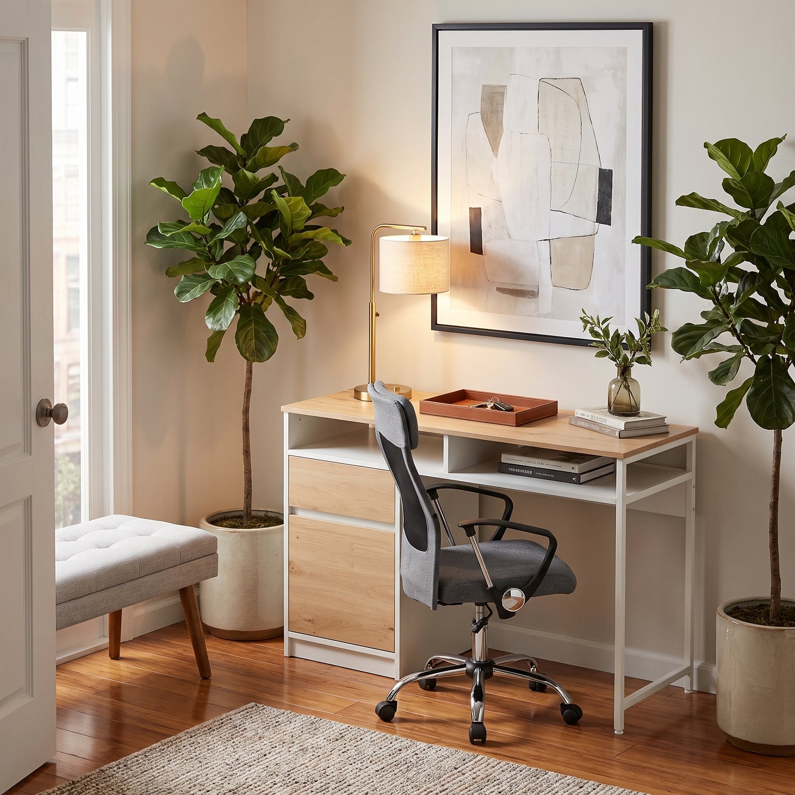 Skara Nordic Study Desk - White & Natural Oak