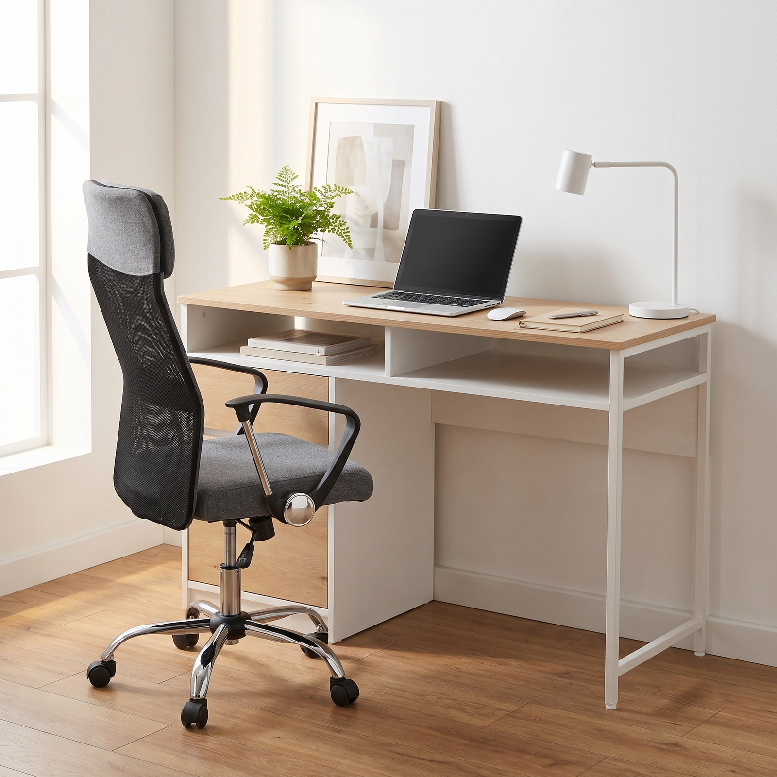 Skara Nordic Study Desk - White & Natural Oak