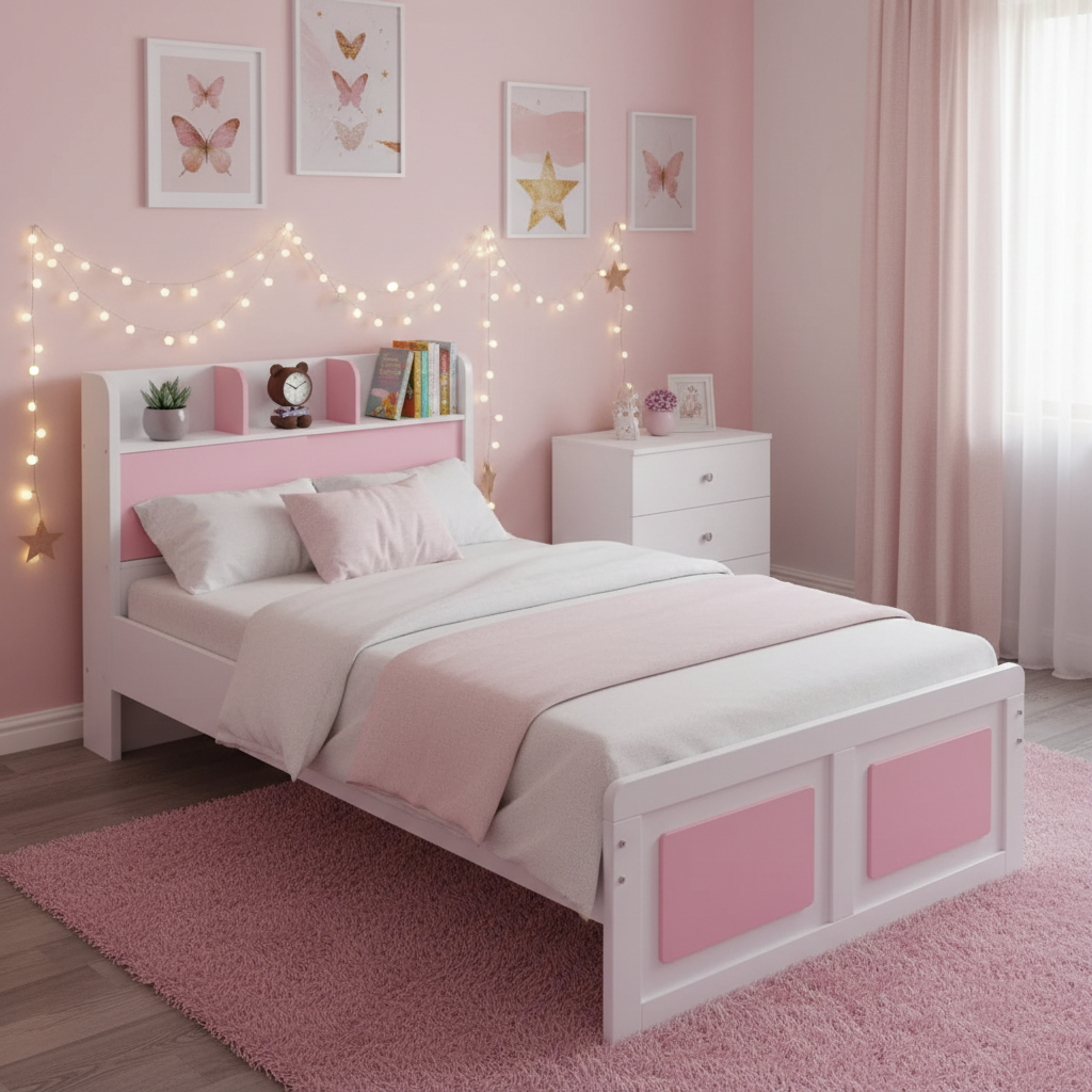 Pink and white bedroom with a bed, nightstand, and wall decorations.