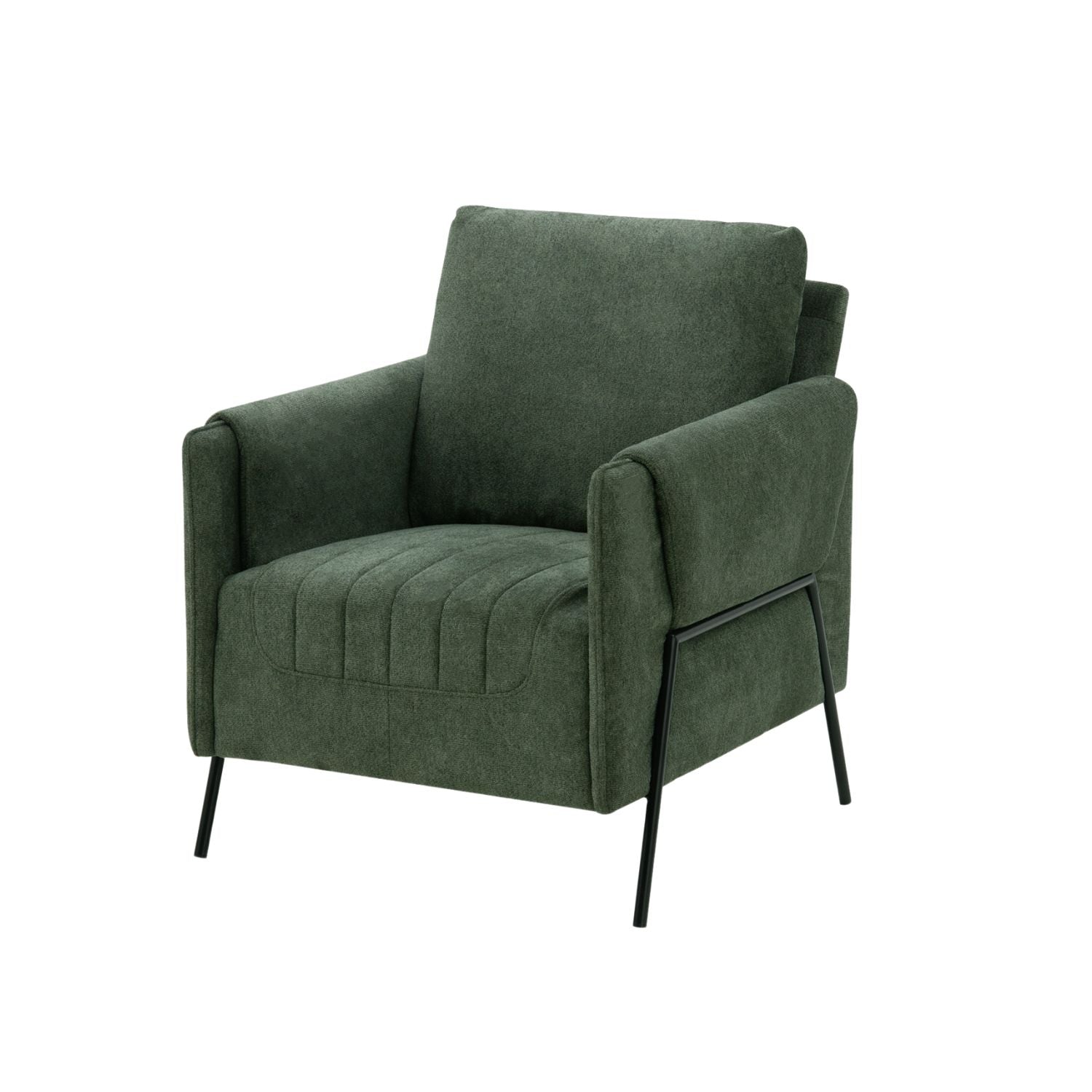 Modern Kreslo Green Armchair with black metal legs, angled front view.
