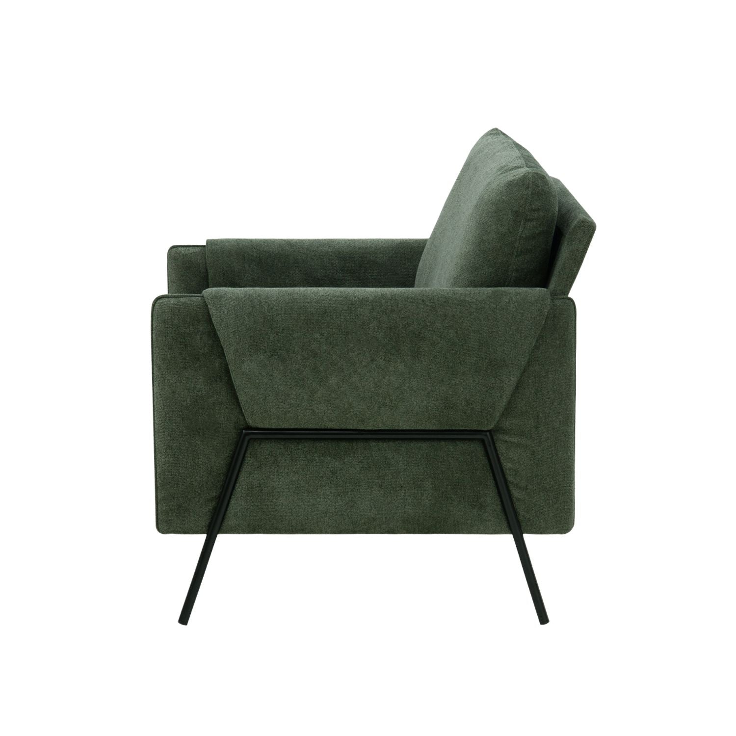 Side profile of the Kreslo Green Armchair showing its clean lines and black frame.