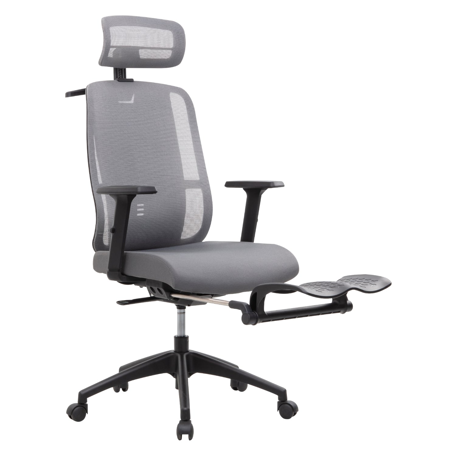 Kyona mesh grey office chair with armrest and footrest.