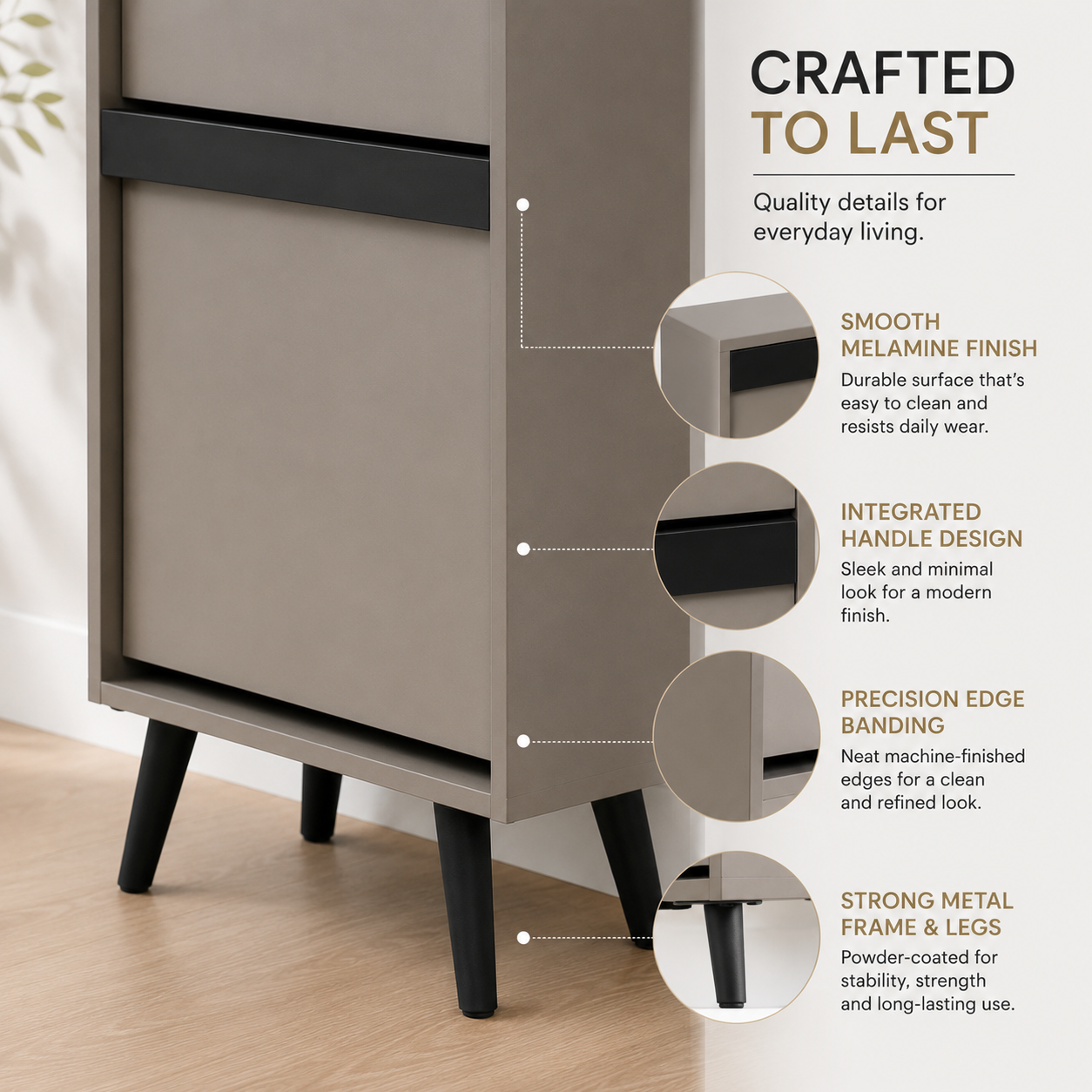 A modern cabinet or side table in a warm taupe-gray finish with black legs and a black handle, shown on a light wood floor with informational callouts and circular detail insets. Text on the right reads 'CRAFTED TO LAST' with feature callouts including smooth melamine finish, integrated handle design, precision edge banding, and strong metal frame and legs.