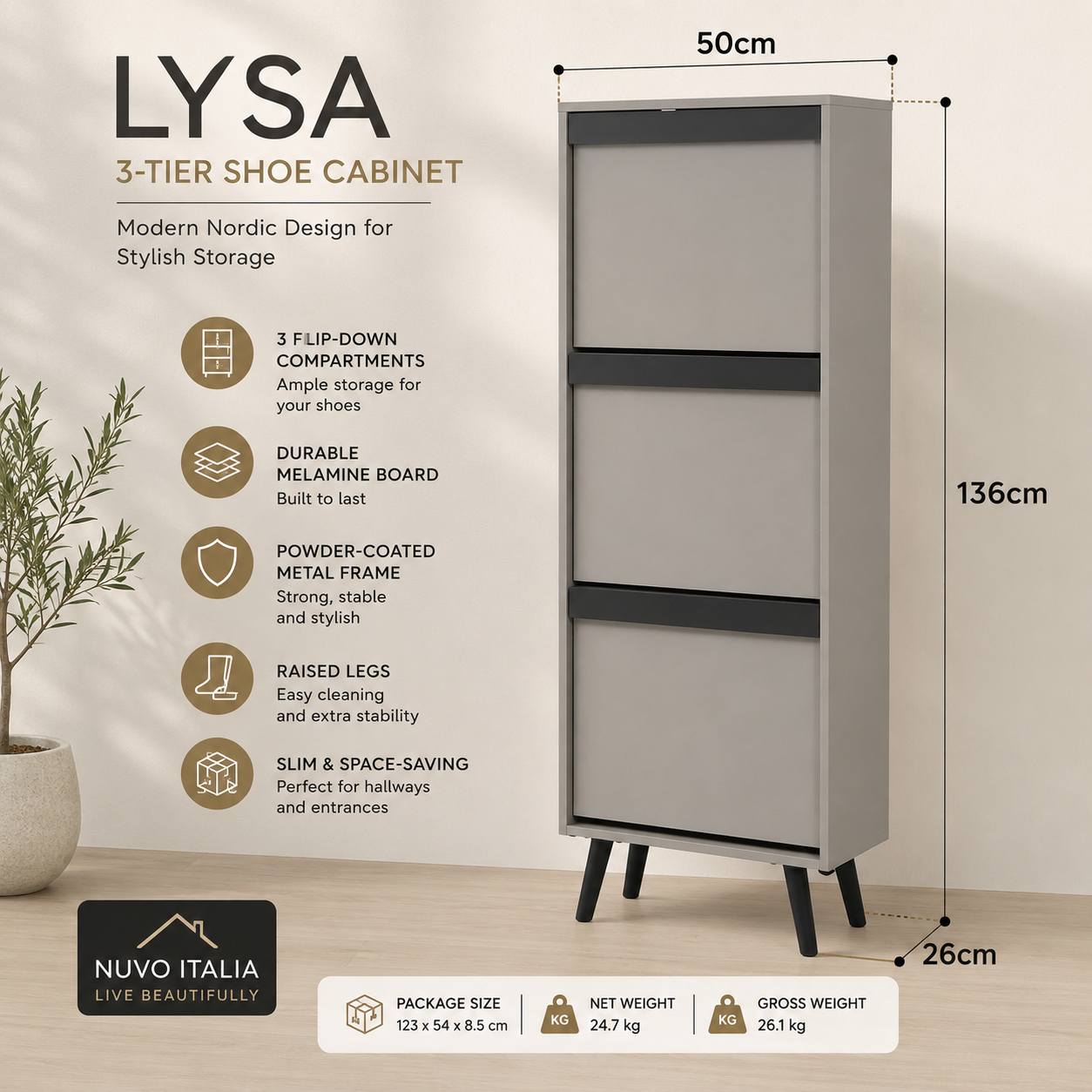 A 3-tier shoe cabinet by Lysa in a modern Nordic design, shown in a warm beige room setting with dimension lines indicating 136cm height, 50cm width, and 26cm leg depth. The cabinet features a light gray melamine front, black legs, and is accompanied by product feature icons and a 'Nuvo Italia' brand logo.