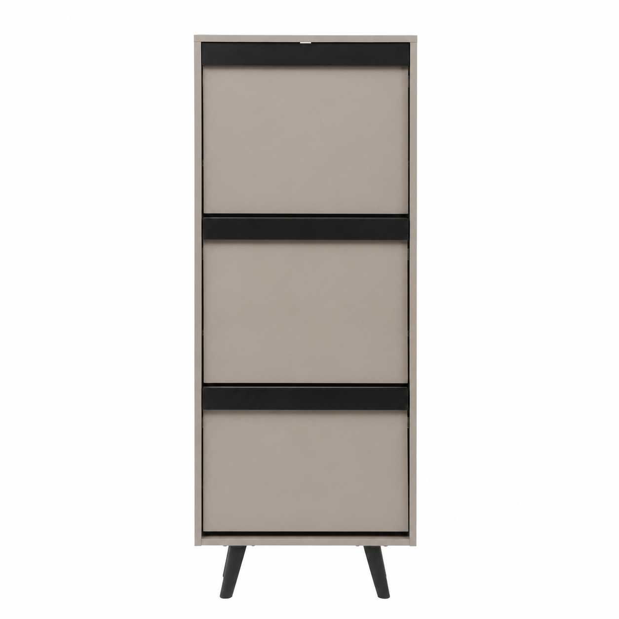 A modern three-drawer shoe storage cabinet with taupe-beige drawer fronts and black horizontal trim, supported by angled black legs, shown against a plain white background.