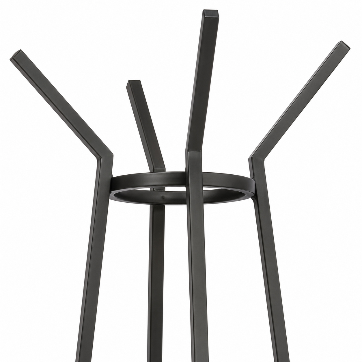 A modern black metal coat rack stand with five angled support arms and a circular ring base, shown on a plain white background.