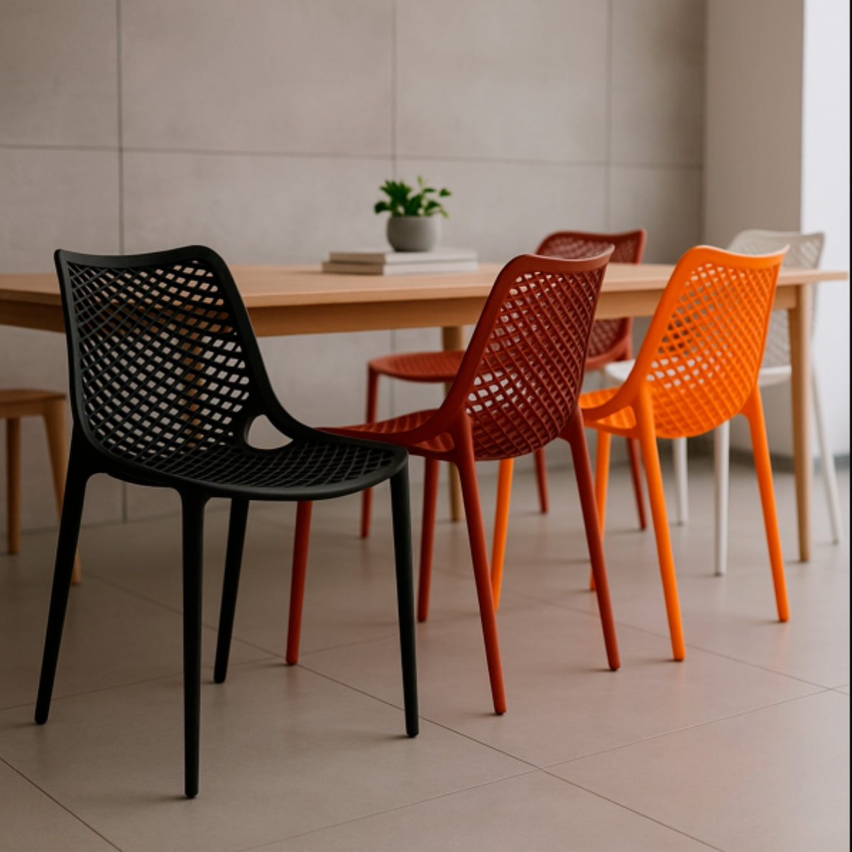 Replica Bilros Chairs in black, red, and orange around an indoor dining table, demonstrating the chair's versatility
