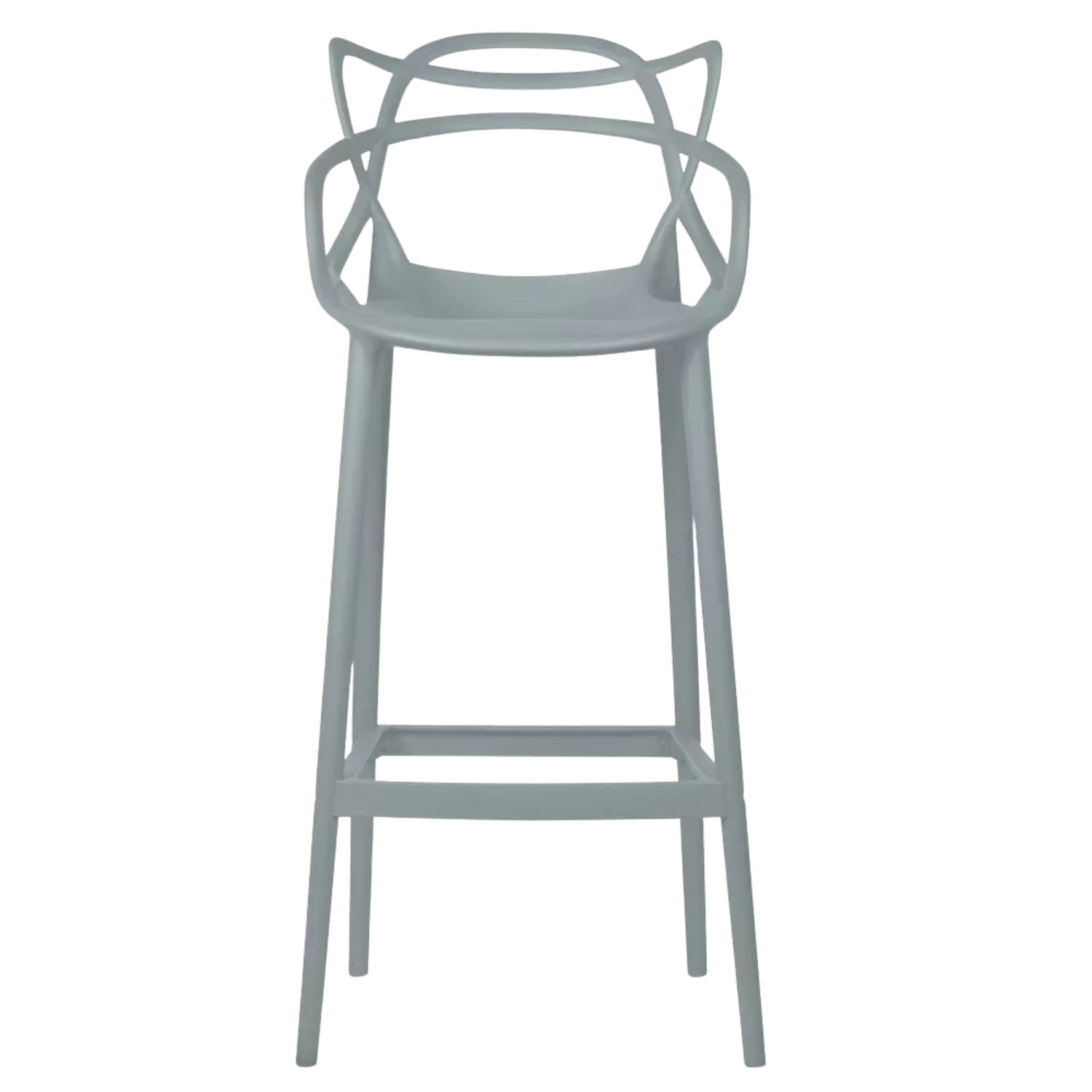 A full front view of the grey Replica Masters Bar Stool, showcasing its elegant and clean lines.