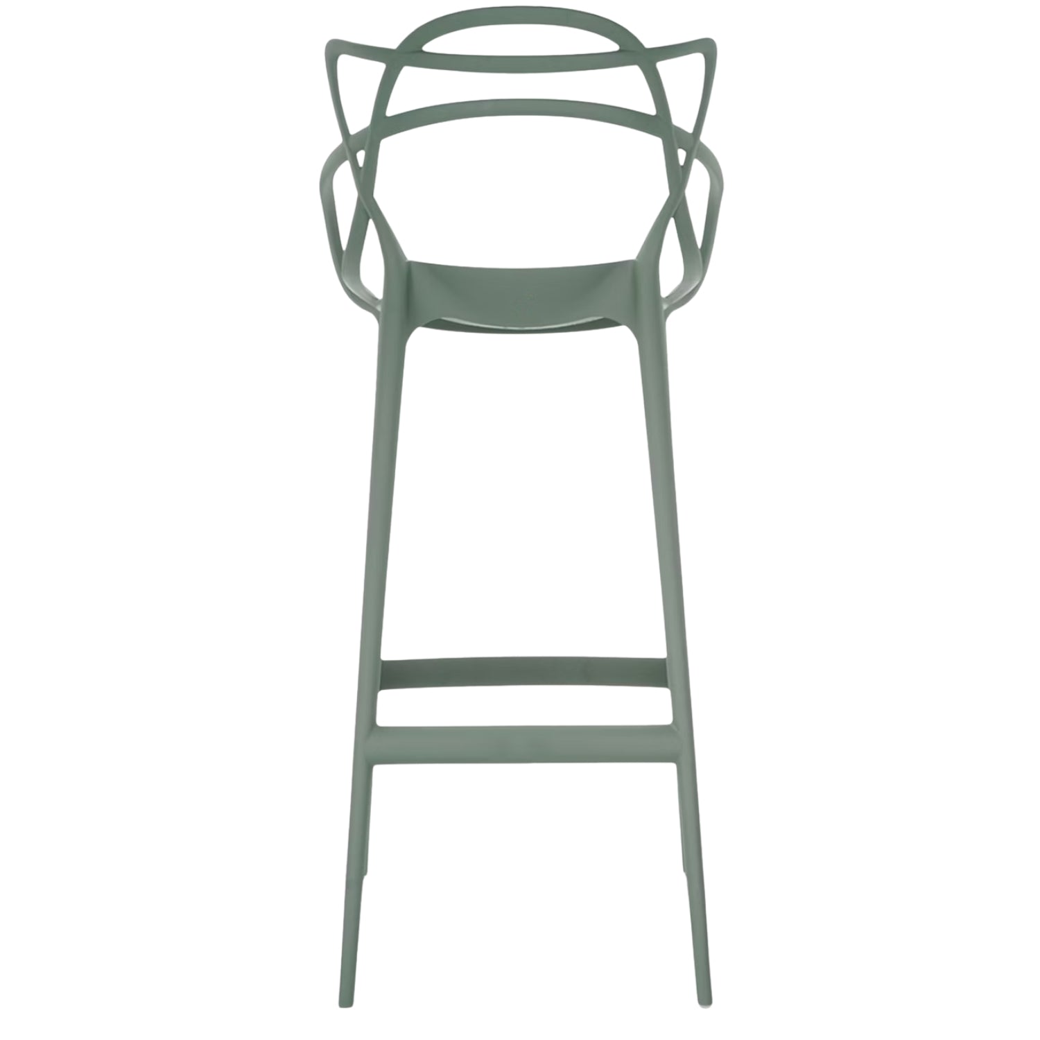 A back view of the sage green Replica Masters Bar Stool, focused on the distinct, interwoven pattern of the backrest.
