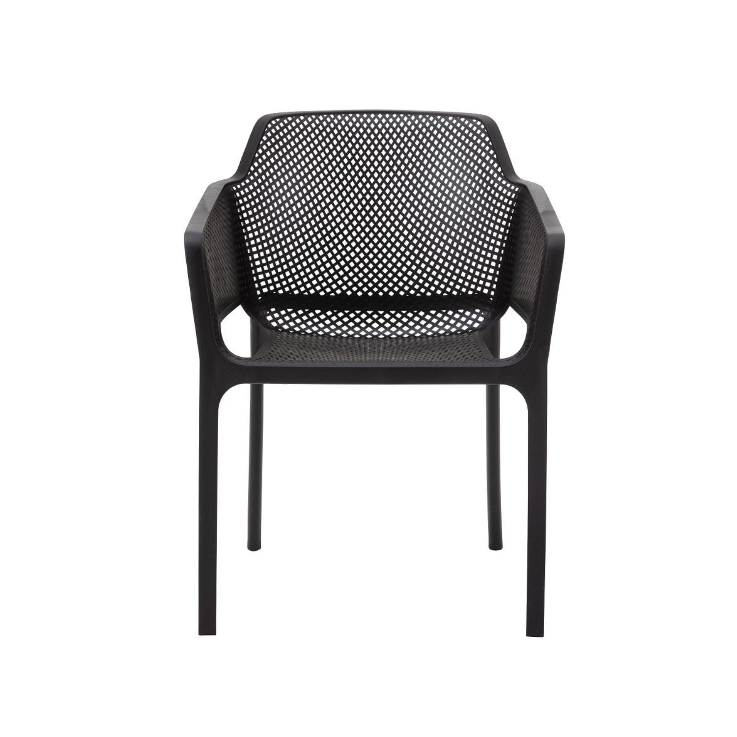 Front view of a black Replica Net Armchair on a white background, highlighting its modern perforated design.