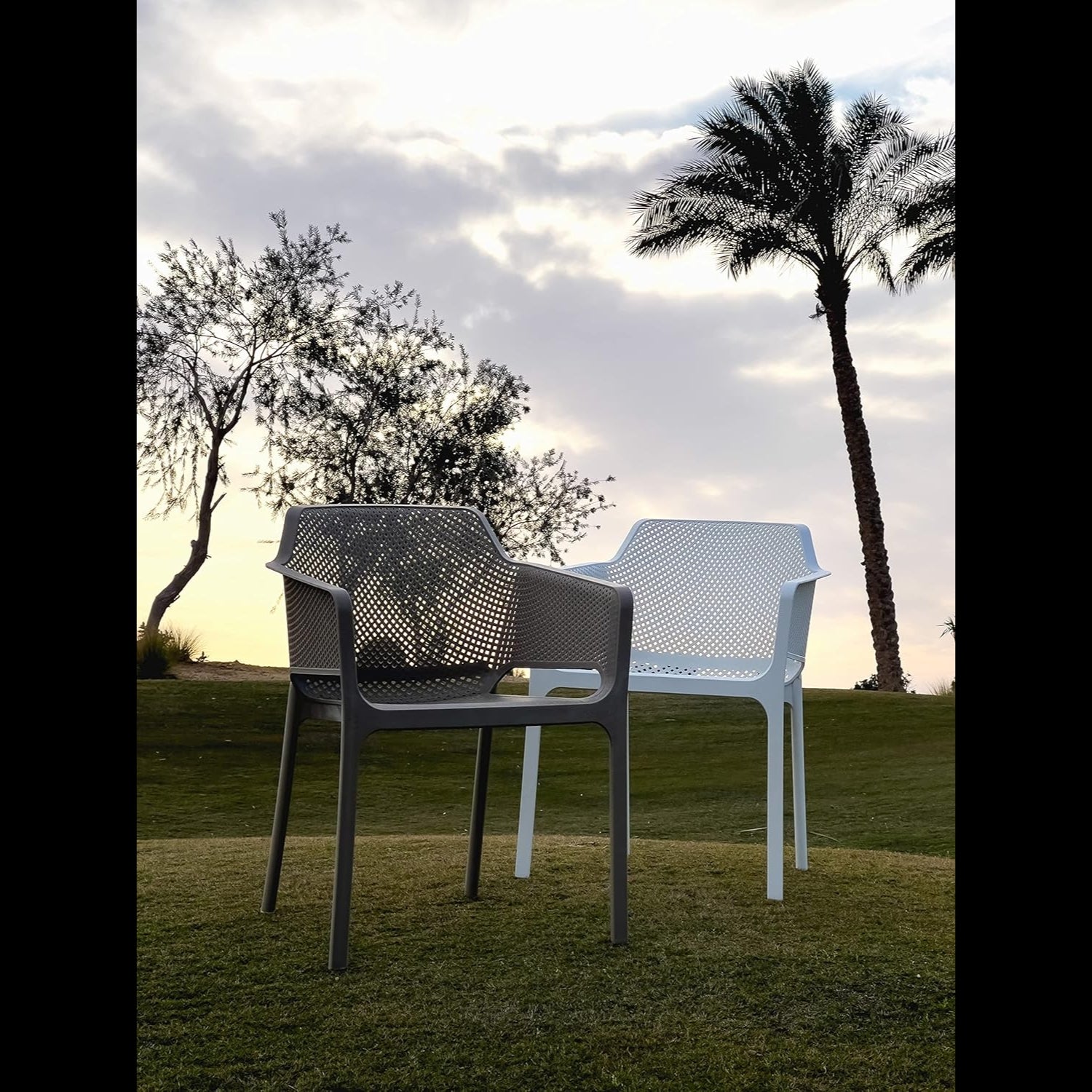 Grey and white Replica Net Armchairs on a grassy hill, with a palm tree in the background, perfect for a modern garden or resort.