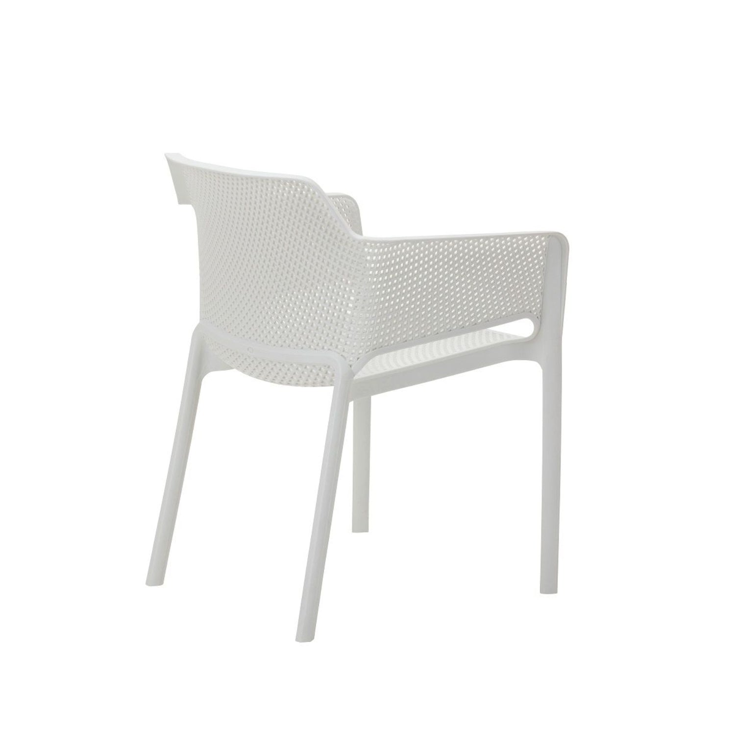Back angled view of a white Replica Net Armchair, showing the elegant curvature and stackable design.