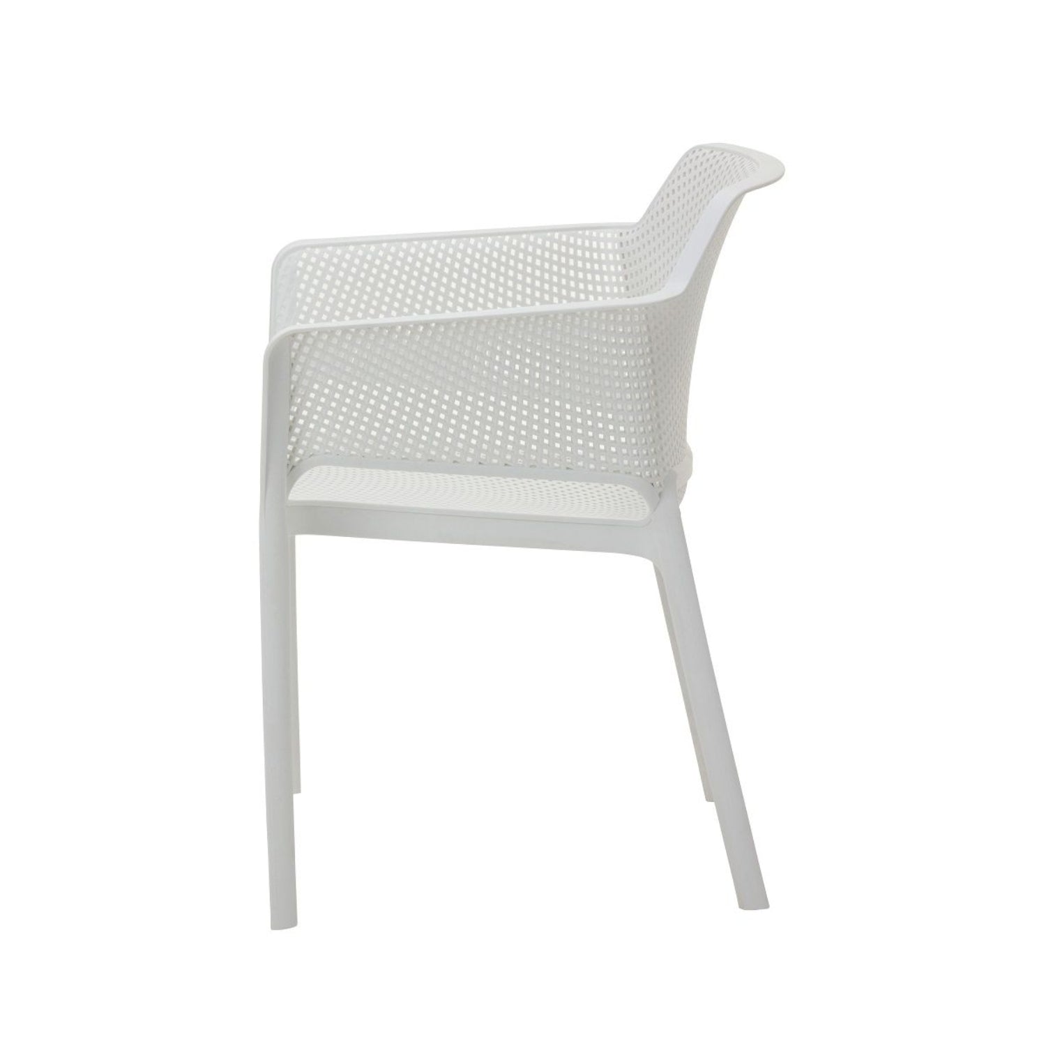 Side profile of a white Replica Net Armchair, demonstrating its robust and ergonomic form.