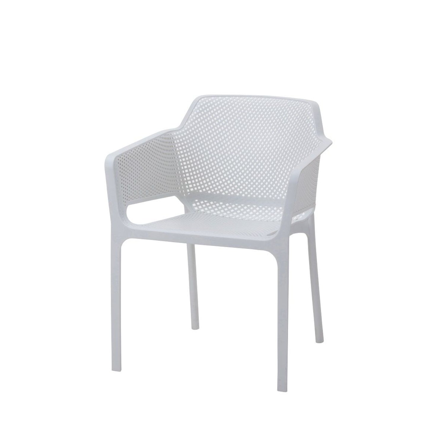 White Replica Net Armchair from a slight angle, emphasizing the comfortable and modern design.