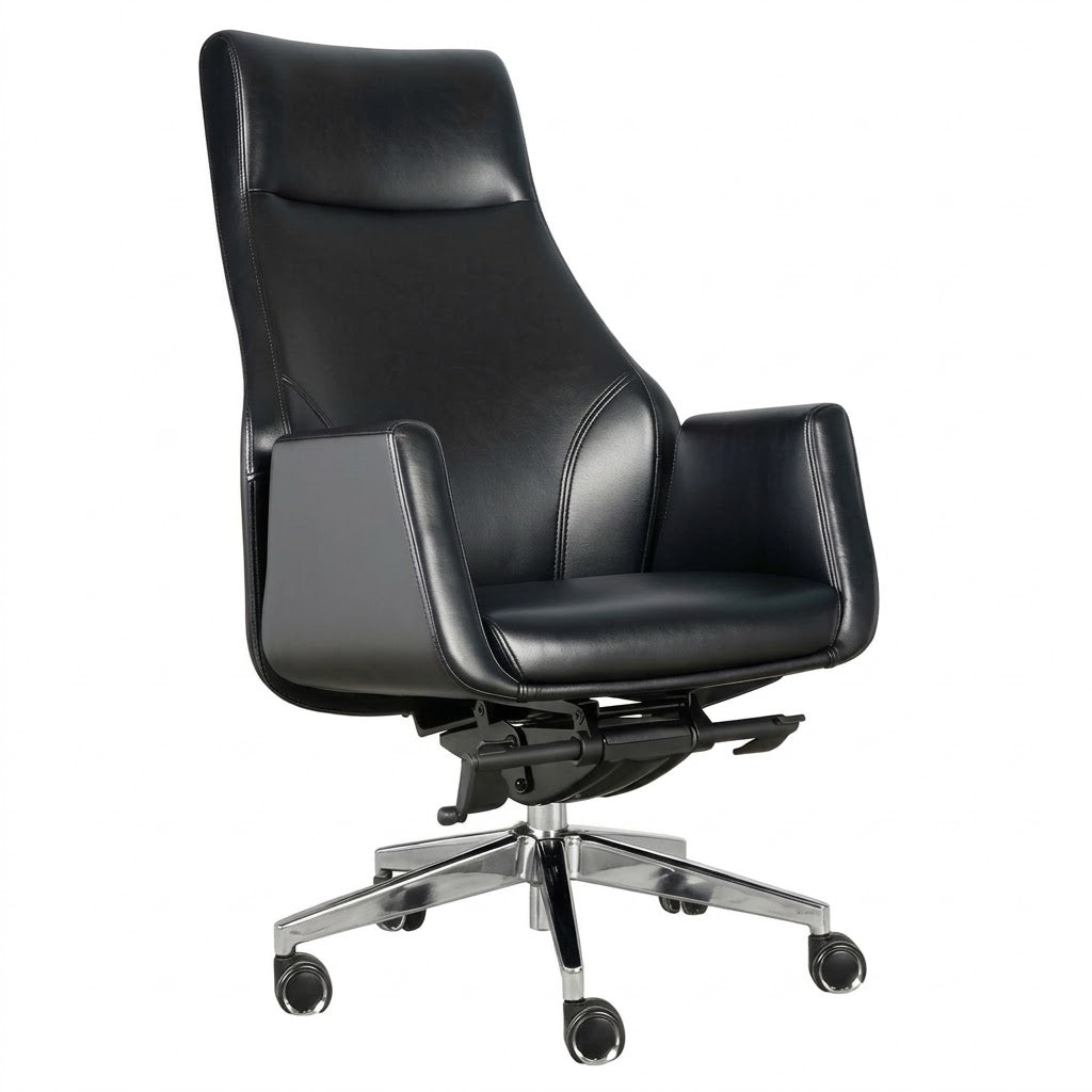 Angled view of the Winston Porter black executive office chair with a high back, padded armrests and chrome base on castors.