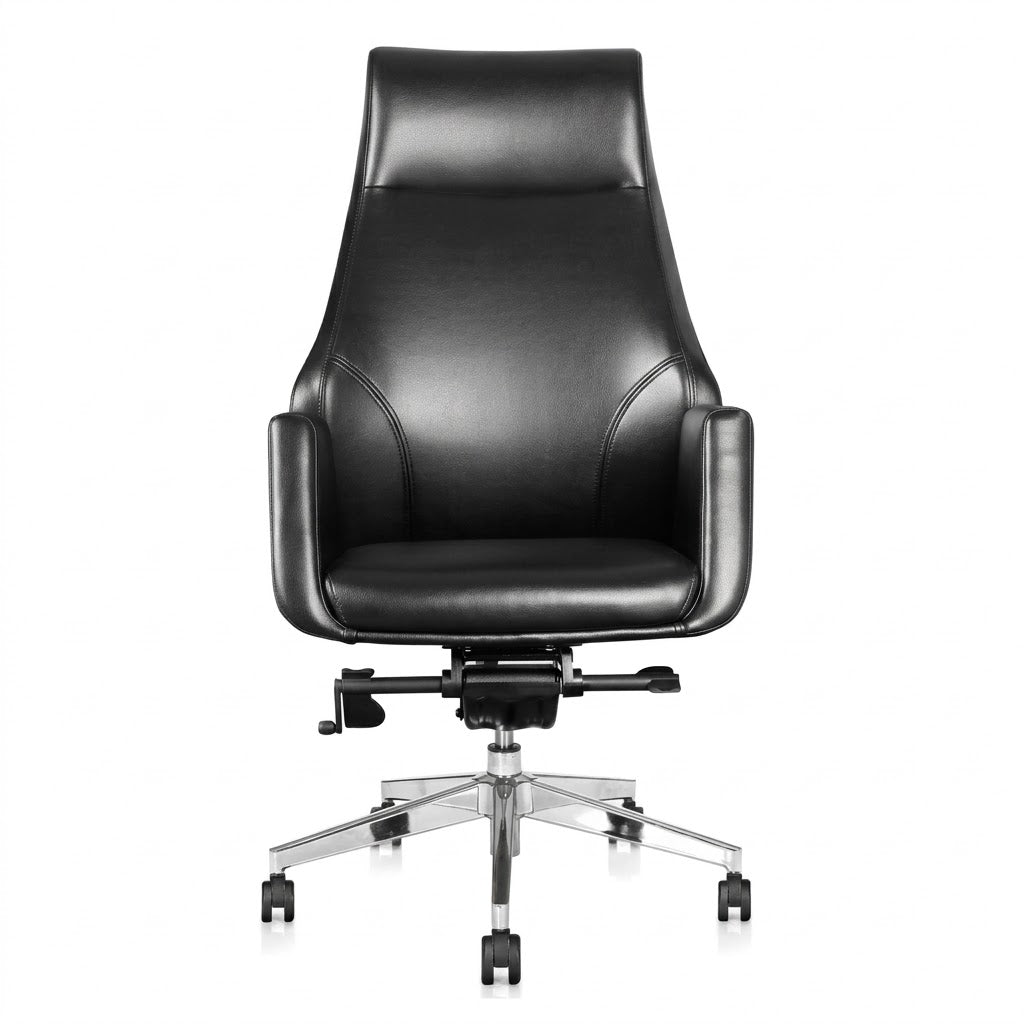 Front view of the Winston Porter black executive office chair with a high back, padded armrests and chrome five-star base.