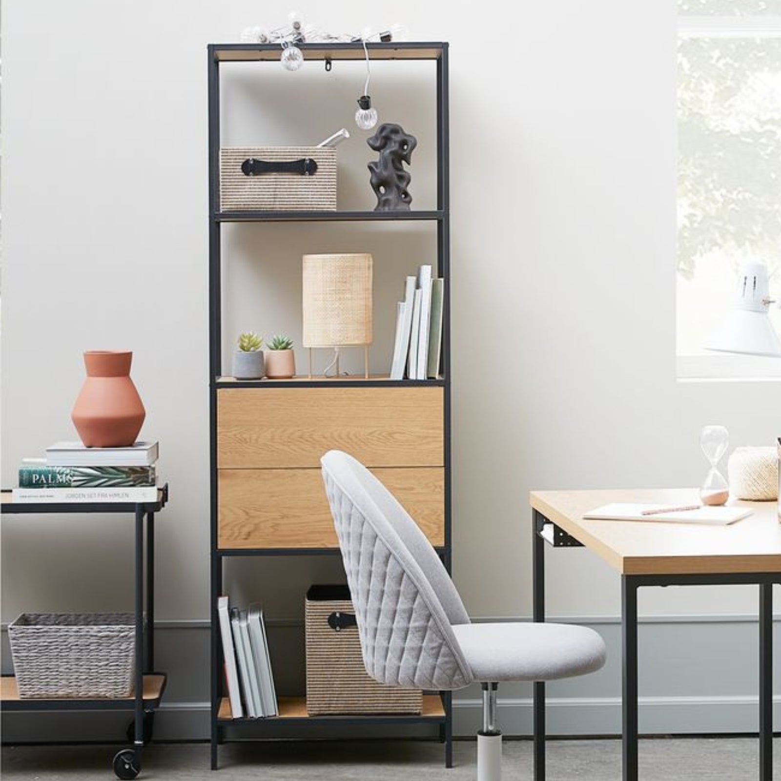 steelside tall storage bookcase with drawers in home office