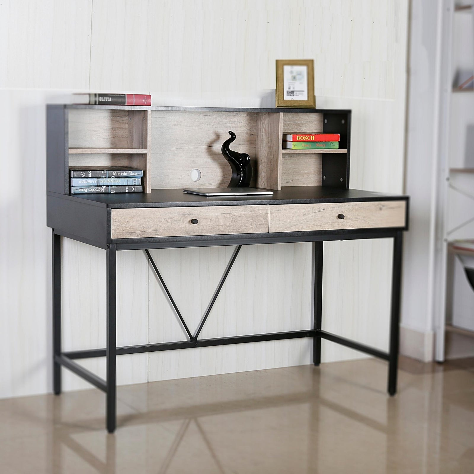 west town writing desk black and light cream shelves