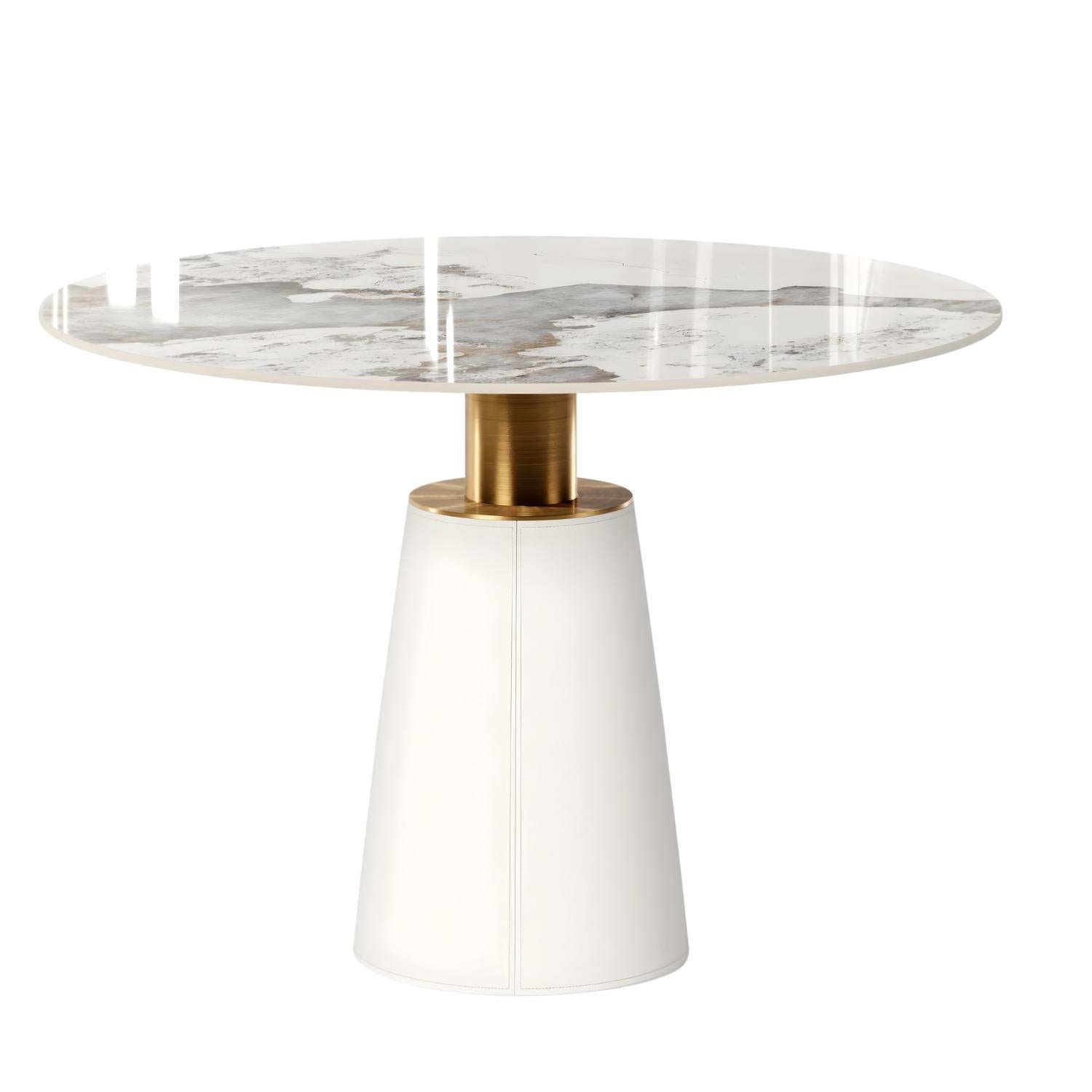 Tierra Round Dining Table – Marble Look Stone – Gold Base