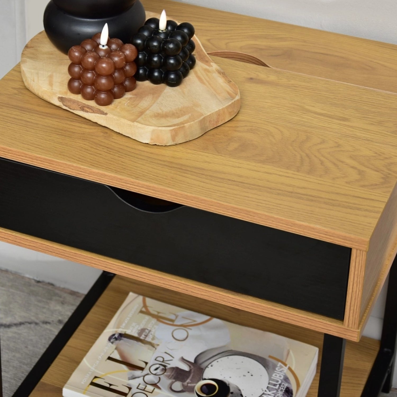 Nelle Oak and Black Bedside Table with USB Ports