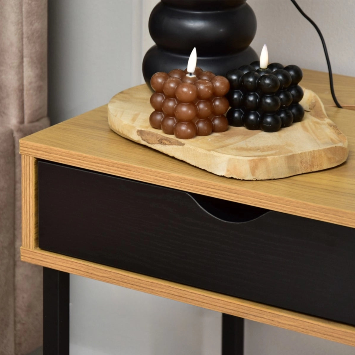 Nelle Oak and Black Bedside Table with USB Ports