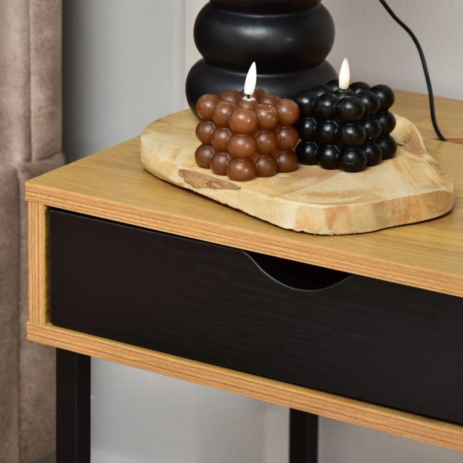 Nelle Oak and Black Bedside Table with USB Ports