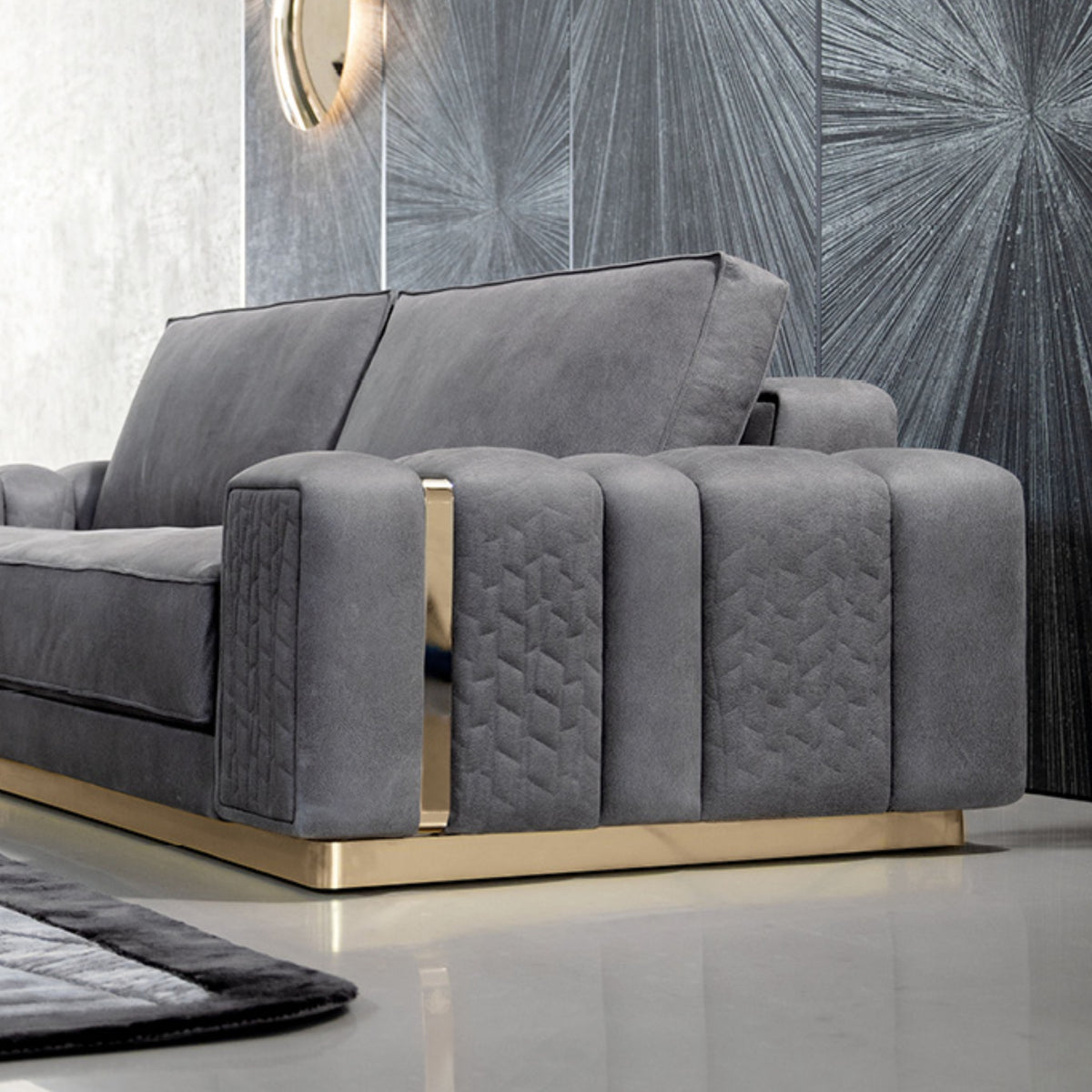 Viola 3 Piece Grey Sofa Set with Gold Trims